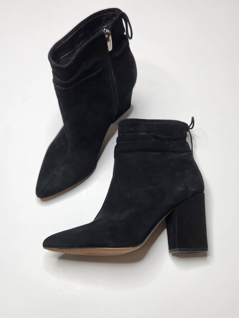 Franco Sarto Size 9.5 Black Suede Pointed Toe Block Heel Ankle Boots